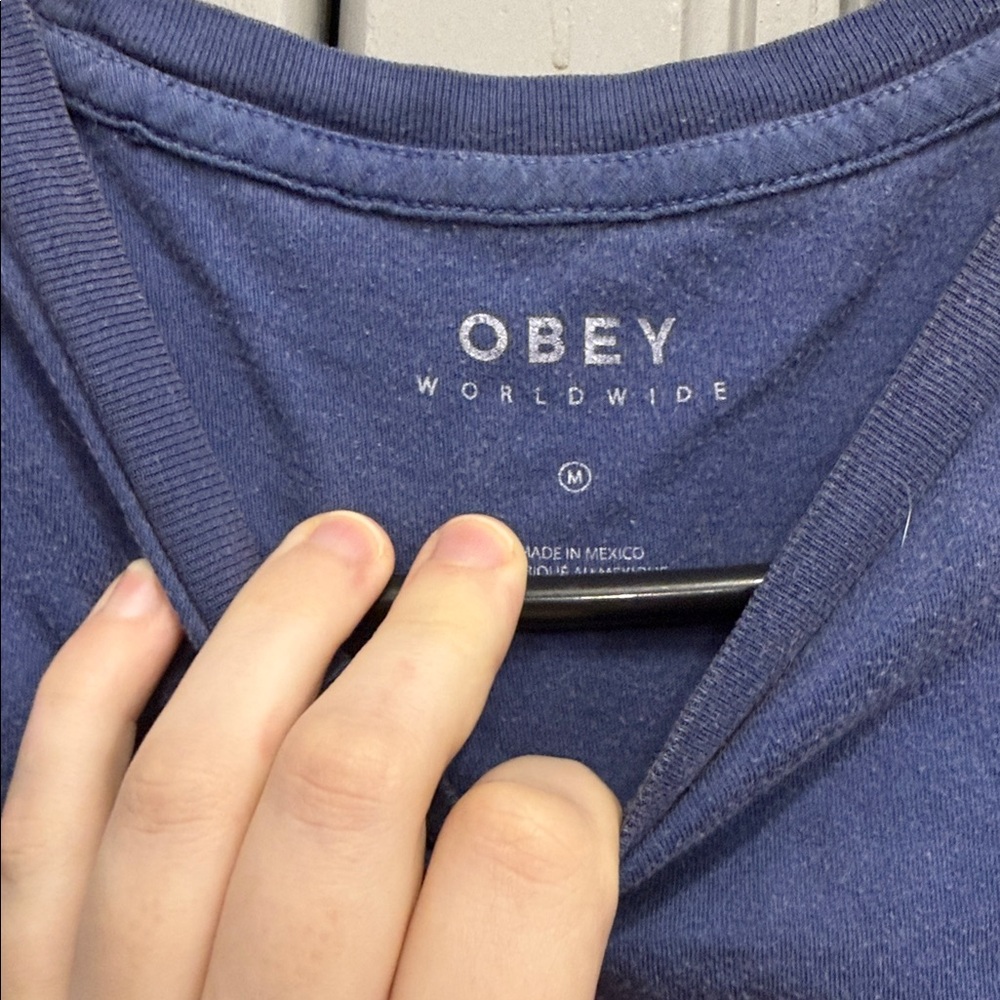 Obey Indigo Tee with Vibrant Pink Design - Picture 2 of 3